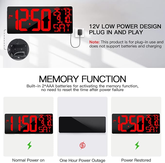 [Oversized] 18" Large Digital Wall Clock with Remote Control, Auto-Dimming Digital Clock Display with Date/Temp/Week, DST, Alarm, 5.9”Jumbo Numbers Large Digital Clock for All Spaces Use