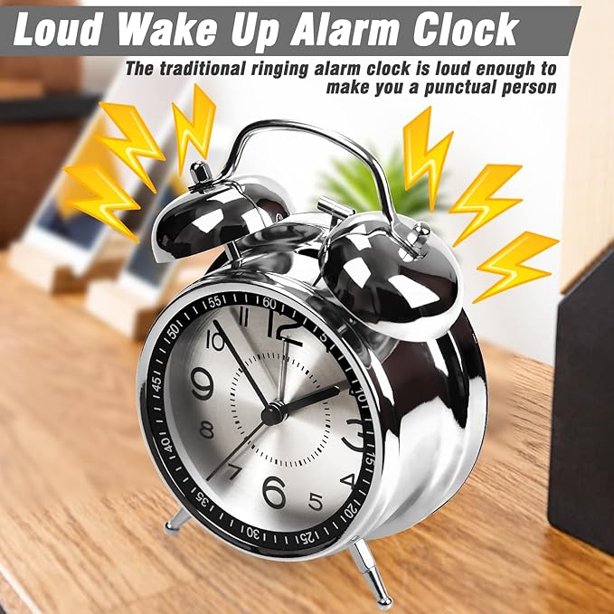 AYRELY Super Loud Alarm Clock for Heavy Sleepers Adults,Twin Bell Retro 4 Inch Silent Non-Ticking Quartz with Backlight, Metal dial, Alarm Clocks for Bedrooms Bedside (Gray)