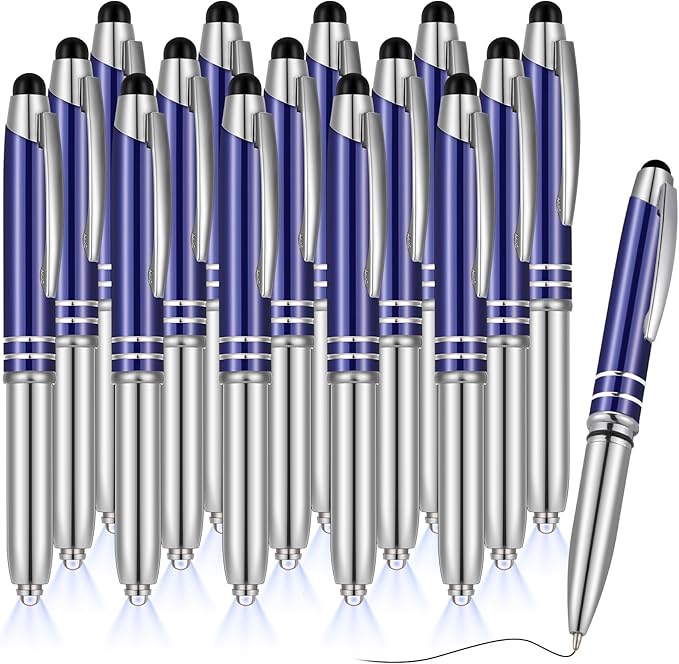 Zonon 15 Pieces 3 in 1 Ballpoint Pen with LED Flashlight and Stylus Tip Multi-Function Capacitive Pen, 1.0 mm Black Ink Metal Ballpoint for Touch Screens Nurse Teacher Gifts(Blue)