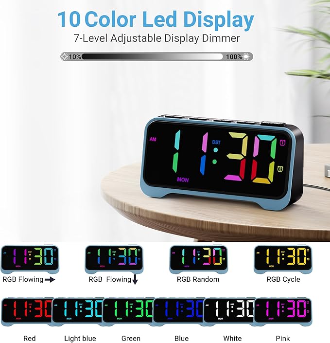 PPLEE RGB Digital Alarm Clock for Bedrooms, 6.5" Large LED Display with Dimmer, Loud Alarm for Heavy Sleepers, Dual Alarms with Weekday/Weekend Mode, USB & Type-C Charging, Plug-In with Battery Backup