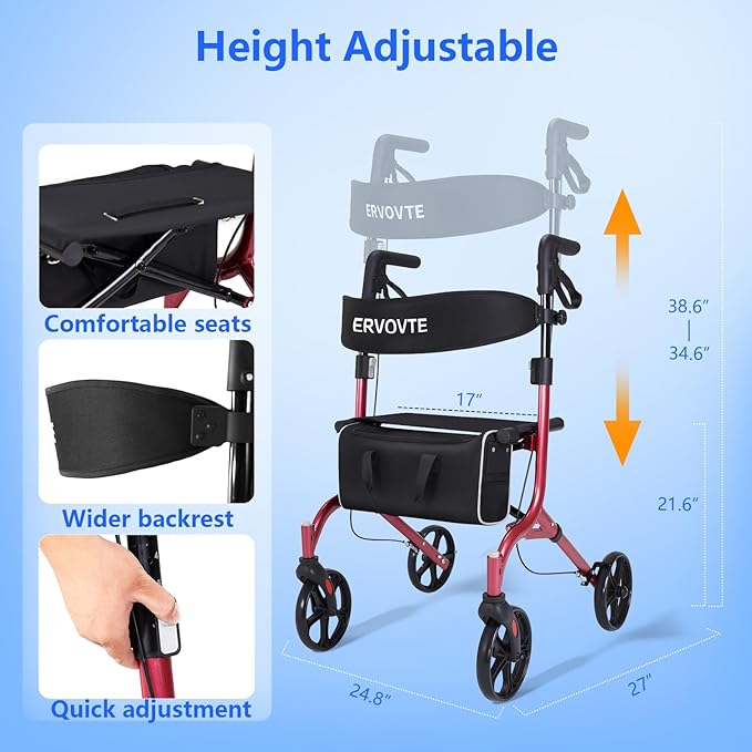 Lightweight Folding Walker with Seat for Seniors, Rollator Walker with Dual Brakes for Safety, 8" Big Wheels for All Terrain, Adjustable Height and 300 lbs Capacity