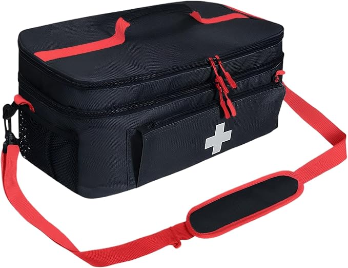 Meichoon First Aid Bag Empty Large Medical Kit Portable with Double-Layer Design Pill Box Storage Case Waterproof Travel Emergency Supplies Storage Bag for Car Home Office Outdoor Black