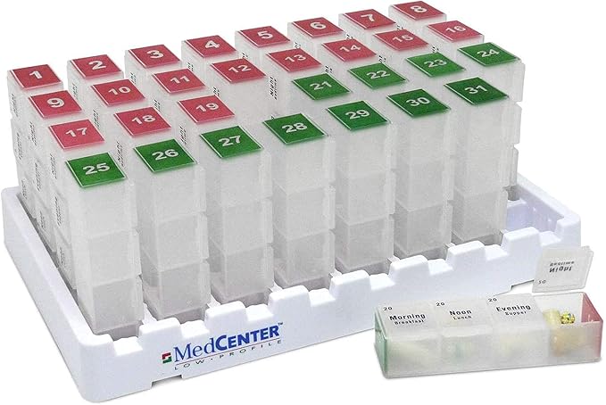 Medcenter FSA/HSA Monthly Medication Organizer for Drawer or Lock Box with 31 Pill Boxes and 4 Daily Compartments and Talking Alarm Clock Medication Reminder