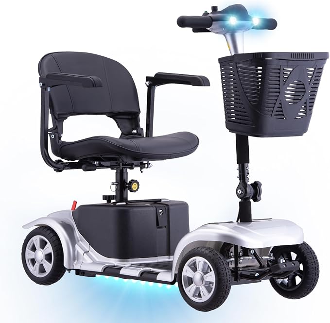 Mobility Scooters for Seniors, Light Weight Mobility Scooters for Adults, Foldable Powered Mobility Scooter, Compact Folding Electric Mobility Scooter, LED Lights, Adjustable Seat, 3~6.5 KM/H (SLIVER)
