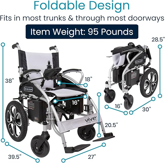 Vive Folding Electric Wheelchair - Foldable Wheel Chair, Narrow Power Scooter, Heavy Duty, TSA Approved - Compact Size for Seniors Adults - Battery Portable, Folds, Shock-Absorbing (16 x 30 x 28.5)