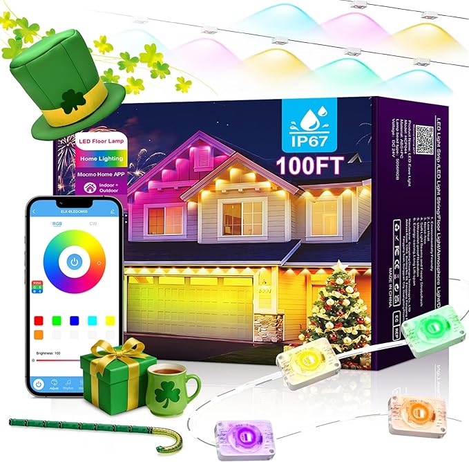 100ft Permanent Outdoor Lights for House, St. Patrick's Day House Roof Lighting RGB+IC Smart Outdoor Decor 50 Scene Modes with App/Remote Control, IP67 Waterproof Decor Led Lights for Valentine's Day