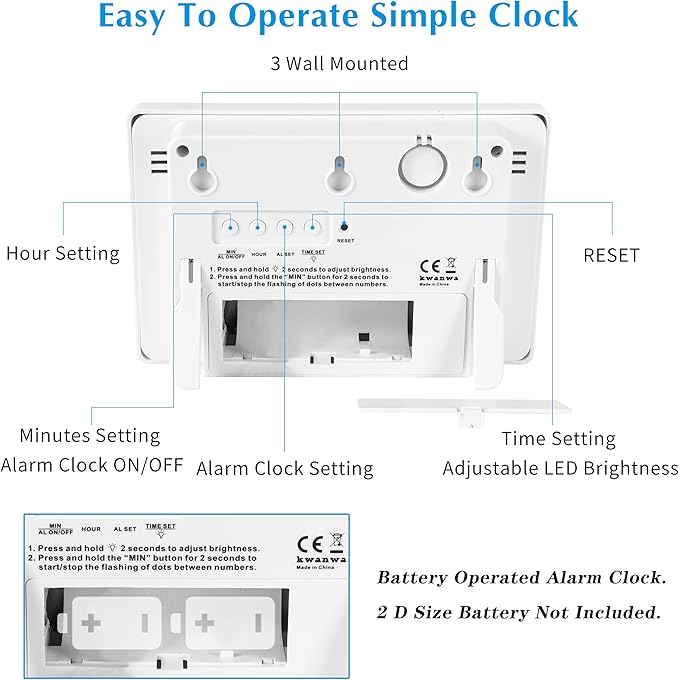 KWANWA Large Digital Alarm Clock, 3" LED Display Battery Operated, Dimmable Auto Night Mode, Easy to Read for Seniors Visually Impaired, Cordless Wall Clock or Table Clock for Bedroom Kitchen Office