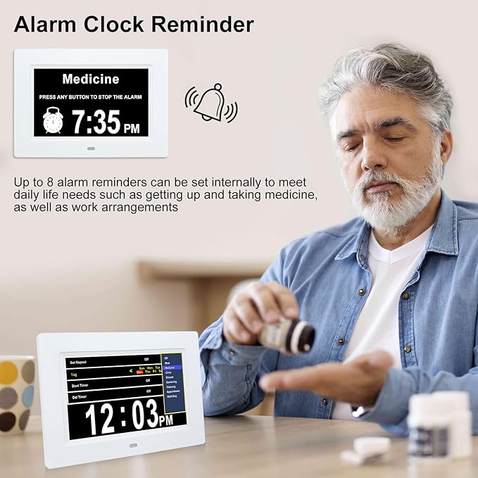 Digital Dementia Clock for Seniors with Time,Date,and Month Display.Features 12 Alarm Settings and 3 Display Modes.Ideal for Seniors,Individuals with Memory Loss,or Dementia Patients.White.