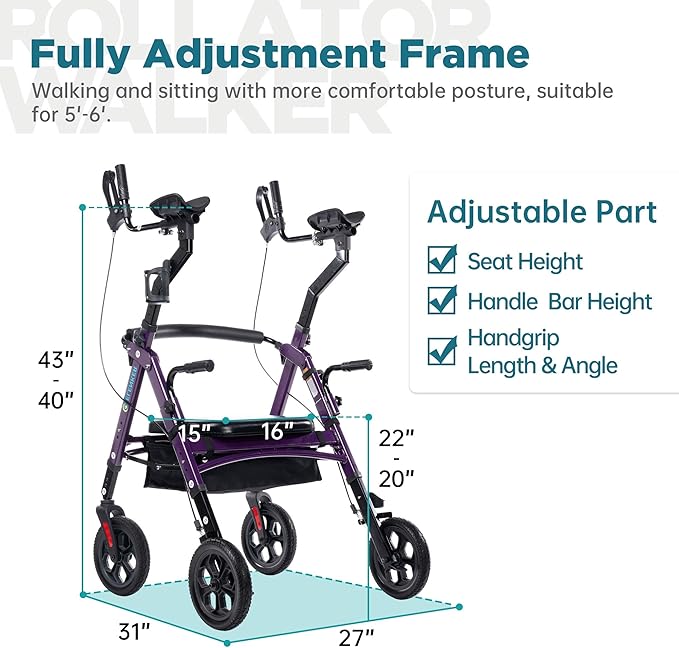 ELENKER All Terrain Heavy Duty Upright Walker with Extra Wide Seat, Foldable Aluminum Bariatric Stand Up Rolling Walker, 10” Wheels, Fully Adjustment Frame, Support up to 500 lbs for Seniors, Purple