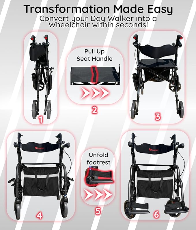 2 in 1 All Terrain Rolling Walker with Seat and Brakes, Foldable, Lightweight, for Seniors & Adults - Adjustable Height & Detachable Footrest Included (Dark Gray)