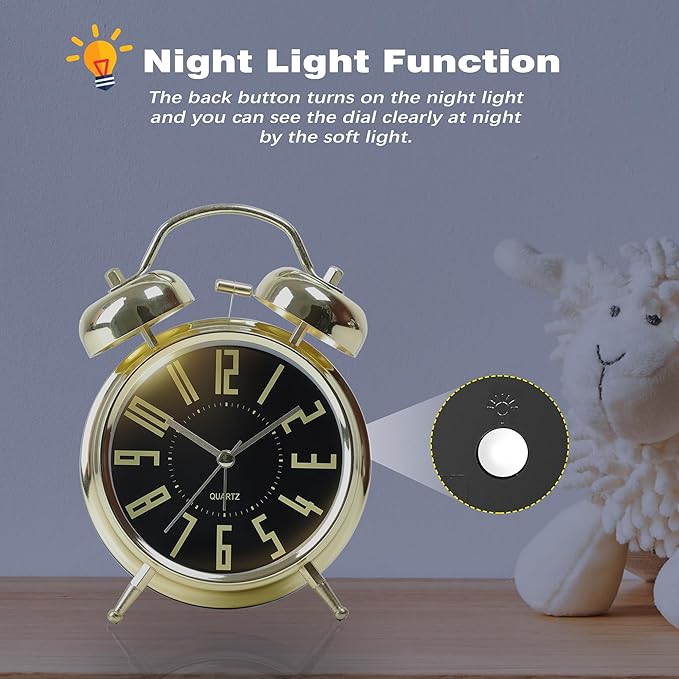 AYRELY Super Loud Alarm Clock for Heavy Sleepers Adults,Twin Bell Retro 4 Inch Silent Non-Ticking Quartz with Backlight, Metal dial, Alarm Clocks for Bedrooms Bedside(Gold- Black)