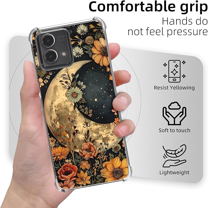 for Motorola G Stylus 5G 2023 Clear Phone Case, Lightweight Transparent TPU, Floral Moon Shockproof Four Corner Anti-Fall Case 6.6" for Moto G Stylus 5G 2023, Screen Protector Film