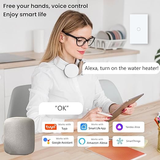 20A WiFi Smart Light Switch 4.65 X 2.83 X 1.34 Inches,1-Button,2.4GHz Wi-Fi Touch Switch,Neutral Wire Required,Work with Smart Life/Tuya App and Alexa,White