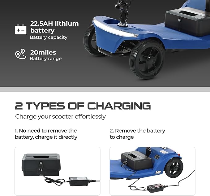 Metro Mobility 4-Wheel Foldable Mobility Scooter for Adults, Lightweight Electric Scooter for Seniors, 330 lbs Capacity, 22.5Ah Lithium Battery, 20 Mile Range, LED Lights – Blue