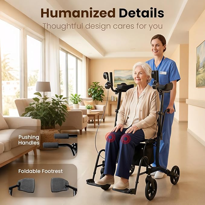 Upright Walkers for Seniors 450 lbs Capacity, 22 lbs Foldable Lightweight Walkers for Seniors with Seat, Armrest and Pedal, Height Adjustable Rollator Walker with Seat for Travel & Gift (Black)