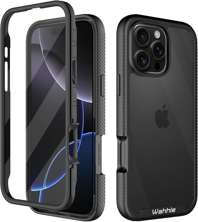 wahhle Compatible with iPhone 16 Pro Max Case, Built in Screen Protector Full Body Shockproof Slim Fit Bumper Protective Phone Cover 6.9'' Men Women-Black/Clear