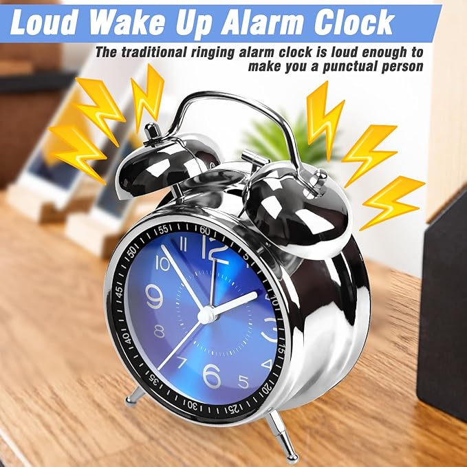 AYRELY Super Loud Alarm Clock for Heavy Sleepers Adults,Twin Bell Retro 4 Inch Silent Non-Ticking Quartz with Backlight, Metal dial, Alarm Clocks for Bedrooms Bedside (Blue)