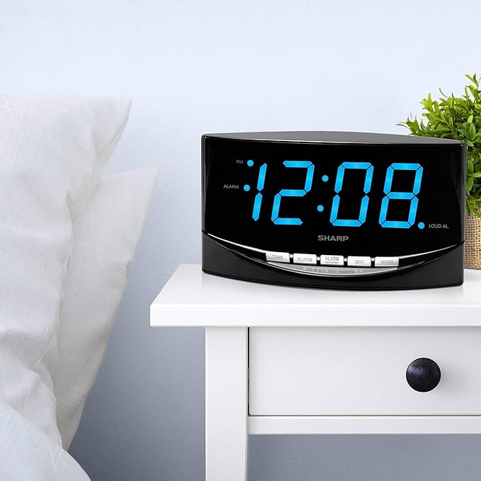 Sharp Easy to See Alarm Clock with Jumbo 2” Numbers - Bright Blue LED Display - Easy Set-up & Simple to Use –See from Across the Room! - High/Low Alarm Volume