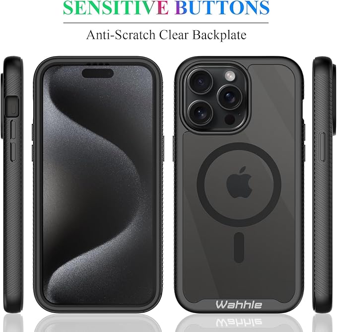wahhle Compatible with iPhone 15 Pro Case, Magnetic Wireless Charging Built in Screen Protector Full Body Shockproof Slim Fit Bumper Protective Phone Cover 6.1'' Men Women-Black/Clear