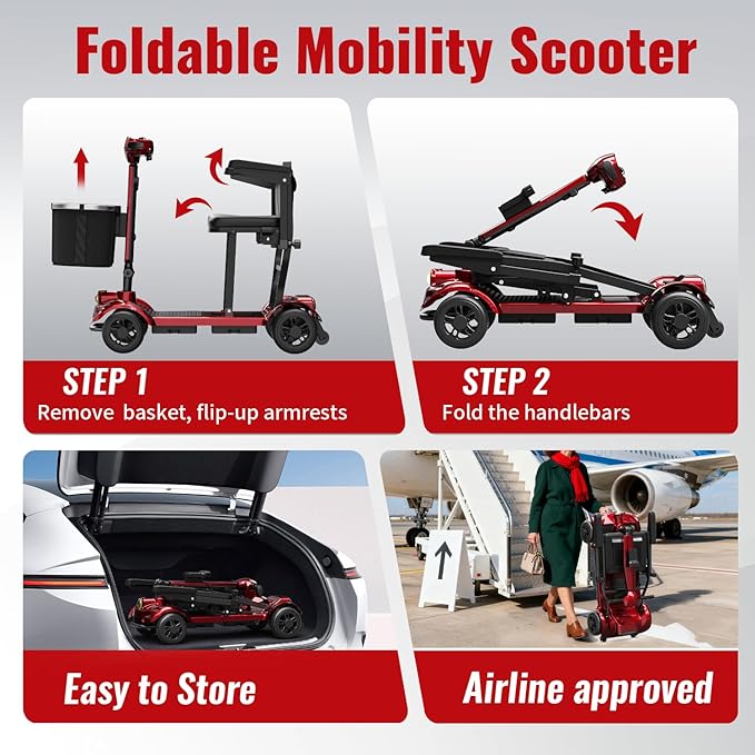 Easwe-Mobility Scooter for Adults & Seniors, Folding Portable Travel 4 Wheel Electric Scooter, All Terrain Power, Airline Approved (Dual Battery)
