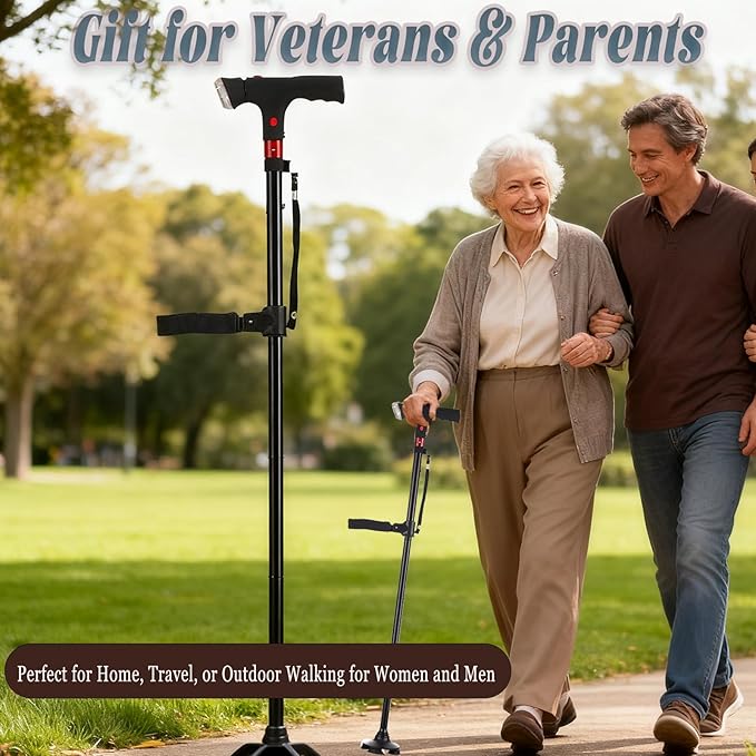 2026 New Smart Walking Cane for Men Women, 3-in-1 Upgrade Smart Walking Canes with Light and Alarm, Foldable Dual Handles, Adjustable Canes for Elderly,Seniors Veterans & Parents
