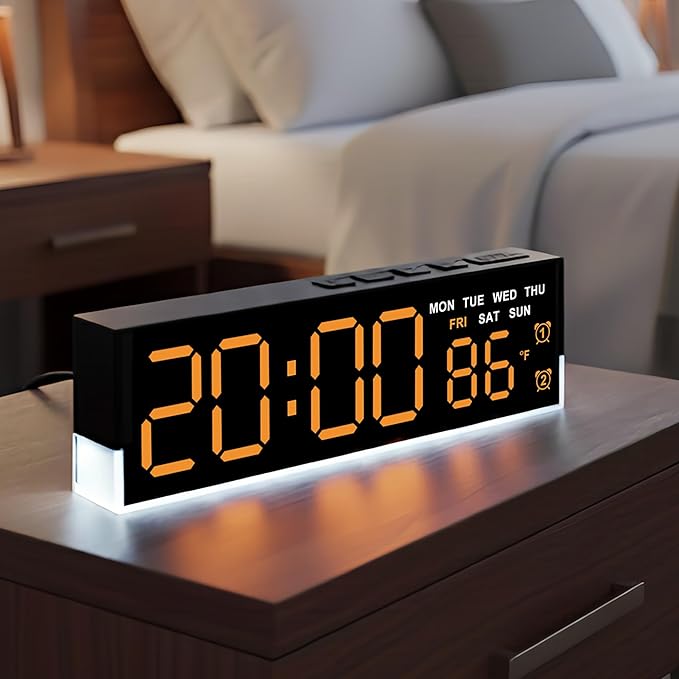 JENLYSTIME 7 Inch LED Digital Alarm Clock with Dual Alarms & Bottom Glow｜Displays Time, Date, Day, Temperature ｜3-Level Auto/Manual Brightness, DST, USB or Battery Powered Modern Desk Clock (Orange)