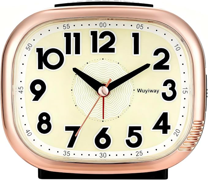 Vintage Retro Analog Alarm Clock, Battery Operated, Silent No Ticking, Glow in Dark Dial, Lighted on Demand and Snooze, Black, 4.7" x 3.9" x 2.7"