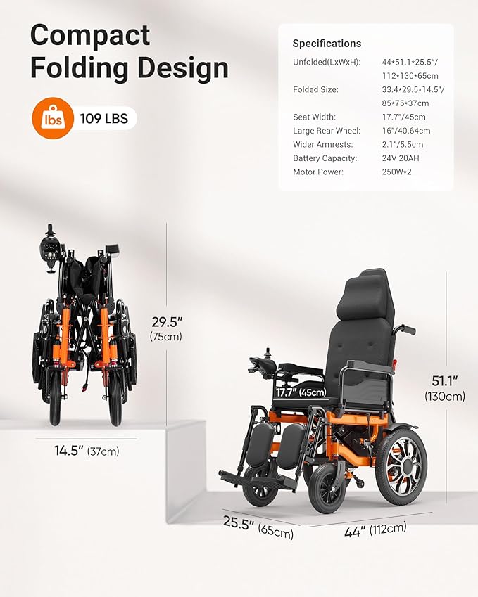 Electric Wheelchairs for Adults, Reclining Electric Wheelchair, 90°-160° Adjustable Backrest, 16" Alloy Wheels, Ergonomic Portable Mobility Scooter with USB Charging & Detachable Footrest