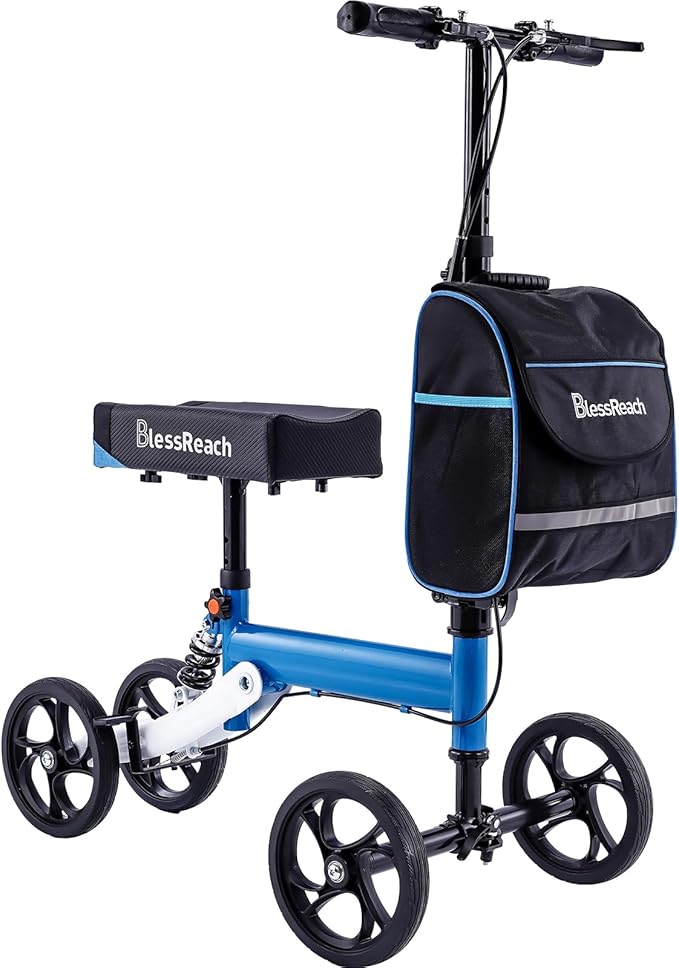 BlessReach Knee Scooter Steerable Knee Walker Deluxe Medical Scooter for Foot Injuries Adult Compact Crutches,Supports Up to 300 lbs（Blue）