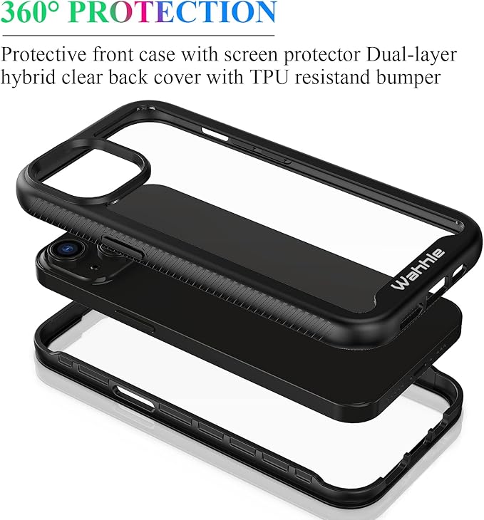 wahhle Compatible with iPhone 13 Case, iPhone 14 Case, Full Body Shockproof Protection Built-in Touch Sensitive Anti-Scratch Screen Protector Soft Edge Slim Cover for 14/13 6.1 Inch, Black/Clear