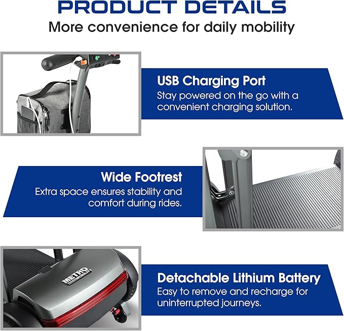 Metro Mobility Powered Mobility Scooters, 4 Wheel Foldable Mobility Scooter for Adults-265 lbs Capacity Folding Mobility Scooter, 10 Miles Long Travel Range Scooter with USB Charger Port Black