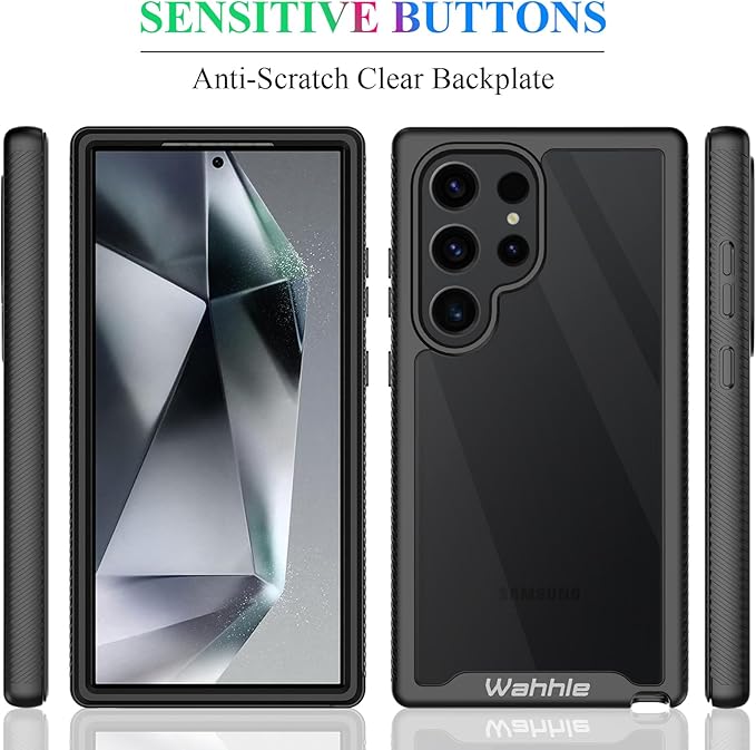 wahhle Compatible with Samsung Galaxy S24 Ultra Case, Built in Screen Protector Full Body Shockproof Slim Fit Bumper Protective Phone Cover 5G 6.8'' -Black/Clear