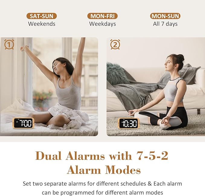 Odokee Digital Dual Alarm Clock for Bedroom, 0-100% Dimmer, Weekday/Weekend Mode, Easy to Set, USB Charger, Adjustable Alarm Volume with 5 Alarm Sounds, Snooze, 12/24Hr, Battery Backup (Wood Grain)