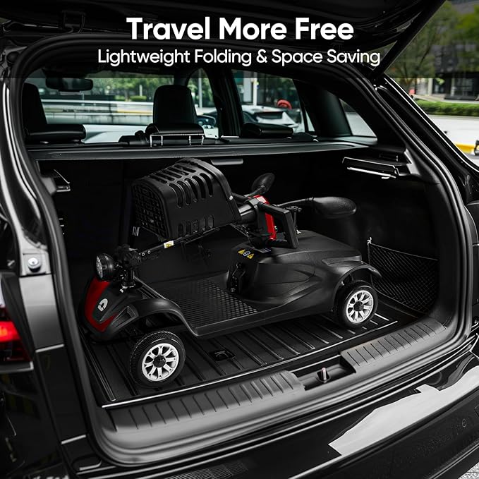 Compact 4 Wheel Mobility Scooter with Display, Foldable Electric Scooter for Seniors and Adults, Heavy Duty Travel Model with Lights, Basket, and Long-Lasting Extended (Black + Red)