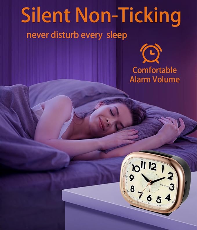 Vintage Retro Analog Alarm Clock, Battery Operated, Silent No Ticking, Glow in Dark Dial, Lighted on Demand and Snooze, Black, 4.7" x 3.9" x 2.7"