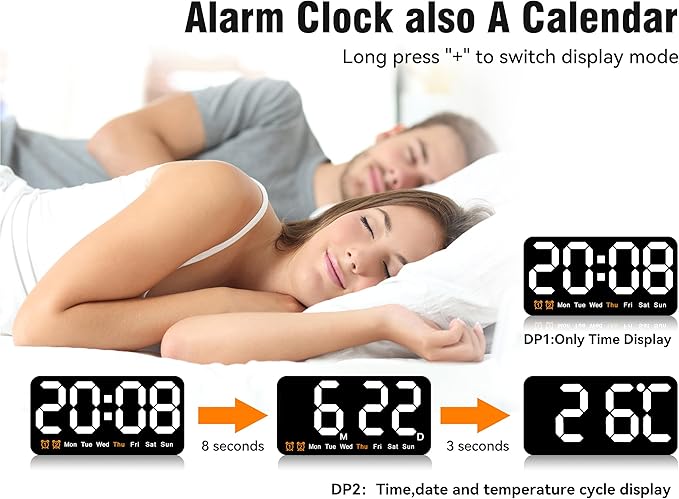 9.5 Inch Large Digital Wall Clock with LED Display, Auto DST, Dual Alarm with Snooze, Adjustable Brightness, Temperature & Date Display, Wall Mount or Desk Clock for Bedroom, Living Room, Office-White