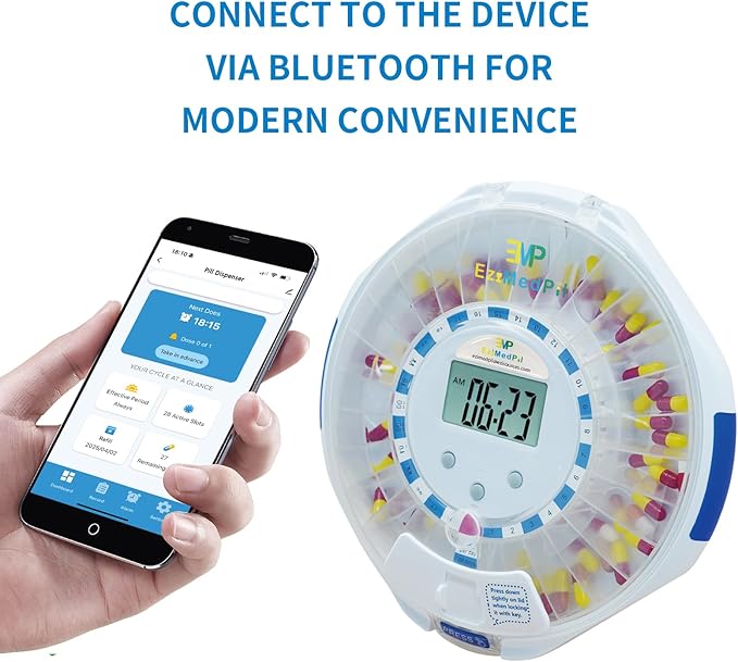 EziMedPil Bluetooth Pill Dispenser w/Sound & Light Alerts, up to 9 Alarms/Daily, Key Lock, LCD & Easy Setup on SmartLife App, 28-Day Medication Dispenser for Prescriptions, Vitamins & More, Clear Lid