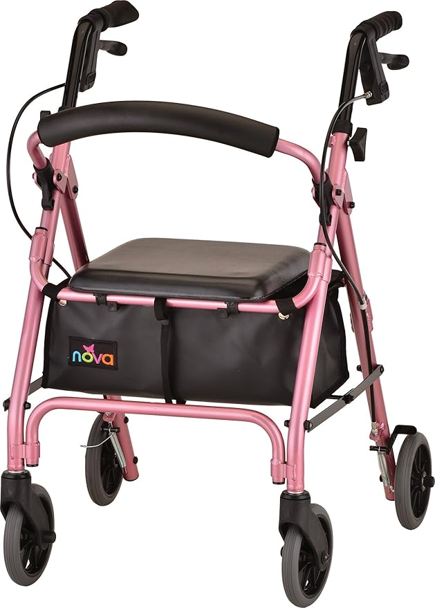 NOVA GetGo Petite Narrow Rollator Walker for Seniors, Lightweight Folding Rolling Walker with Seat, Lock N Load for Easy Transport & Storage, Adjustable Fit 4'10"–5'4", Pink