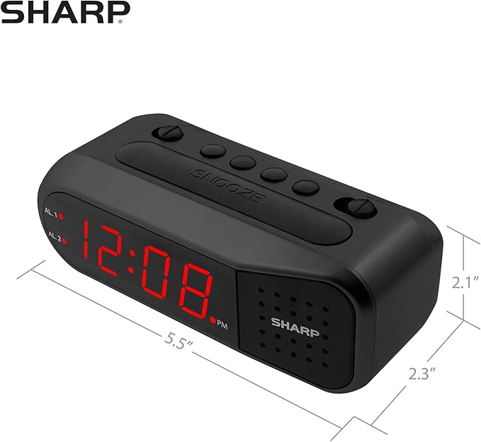 Sharp Easy-Set Digital Alarm Clock for Bedroom – Large Red LED Display, Ascending Loud Alarm for Heavy Sleepers, Dual Alarm Weekday/Weekend, Simple Operation, Snooze, Battery Backup