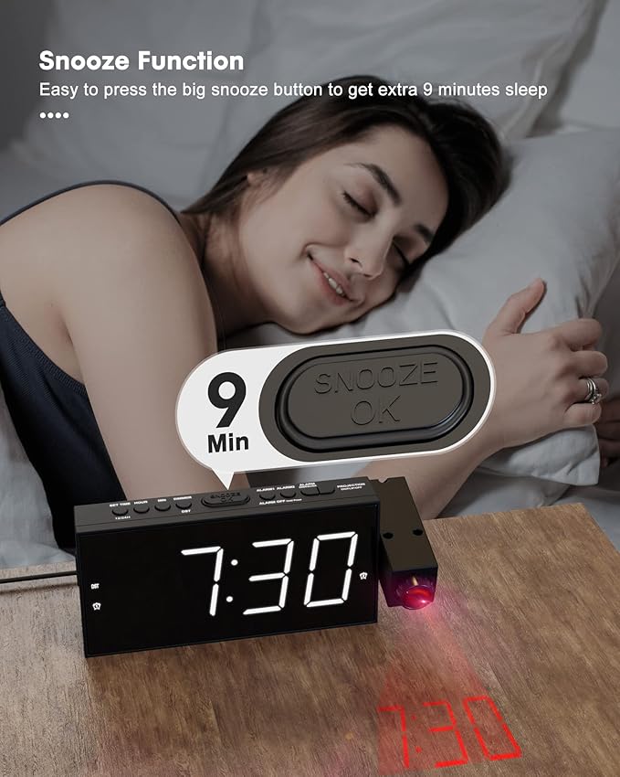 OnLyee Ceiling Projection Alarm Clock, 7" Large Display Digital Clock for Bedroom with USB Charger, 180° Rotatable Projector, Loud Alarm, Snooze, DST, 12/24H Dimmer – for Kids Adults Elders