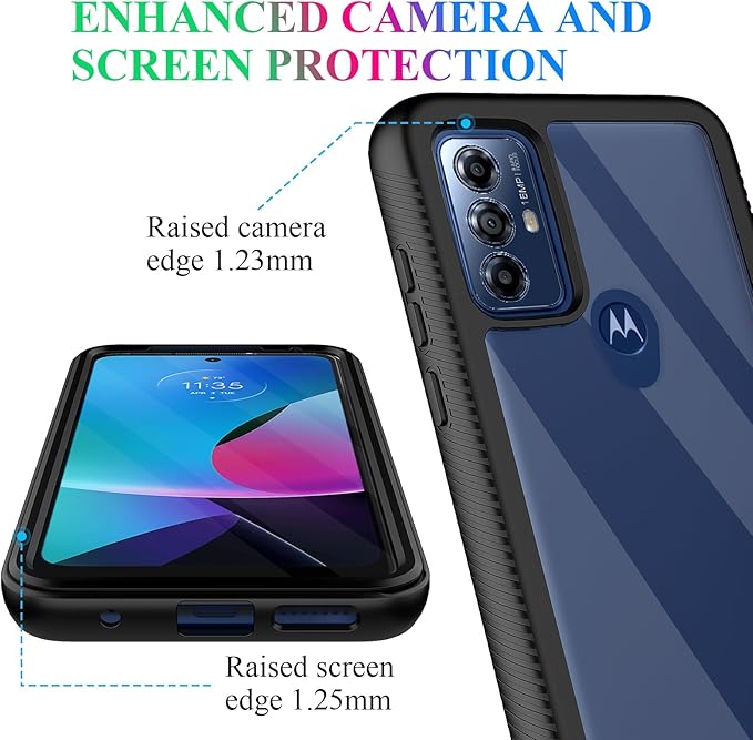 Wahhle Compatible with Moto G Play 2023, G Power 2022, G Pure Case - Full Body Screen Protector, Shockproof Slim Fit Bumper Phone Cover - Black/Clear