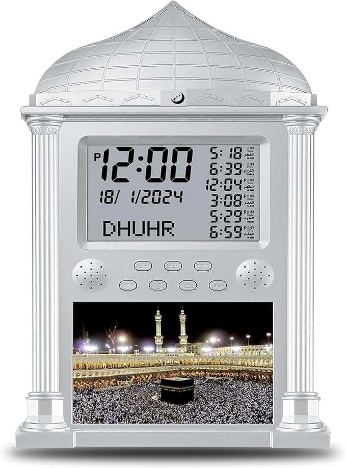 Azan Clock, Muslim Athan Wall Clock Alarm with LCD Display, Digital Azan Clock for Home/Office/Mosque-Ramadan Eid Gifts (Silver)