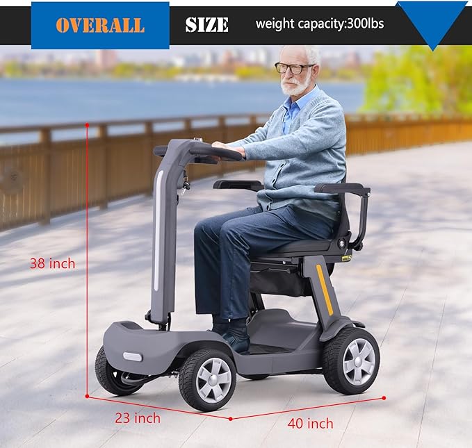 Foldable Mobility Scooter for Adults & Senior, 4 Wheels Powered Device for Travel, Lightweight and Portable, with LED Strip Light, Storage Bag, Charger Included, No Assemble Required (Grey)