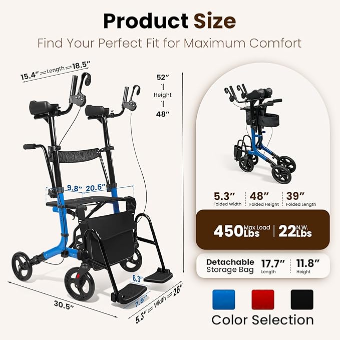 Upright Walkers for Seniors 450 lbs Capacity, 22 lbs Foldable Lightweight Walkers for Seniors with Seat, Armrest and Pedal, Height Adjustable Rollator Walker with Seat for Travel & Gift (Blue)