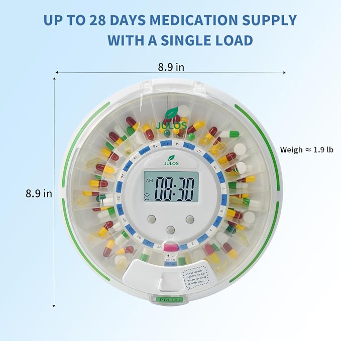 28-Day Automatic Pill Dispenser for Elderly - Medication Reminder with Loud Alarm & Flashing Light, Key Lock, Up to 6 Alart/Day, Timed Pill Dispenser Machine for Vitamins/Prescriptions/More