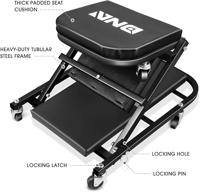 DNA Motoring 40 Inches Folding 2 in 1 Rolling Z Creeper, Adjustable Roller Garage Chair Lay Down or Sit, 6 Pcs 2" Casters, 150kg Weight Capacity, Black, TOOLS-00494