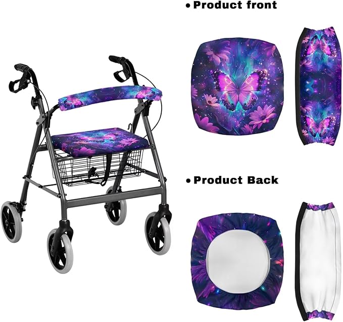 3 Pcs Sets Rollator Walker Accessories Purple Butterfly Walker Seat Cover Rollator Walker Seat & Backrest Covers, Rollator Storage Under Seat Bag