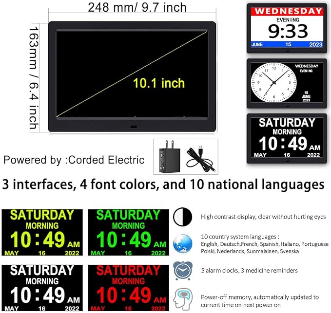 AINFTIME DST Digital Clock with Date and Day of Week for Elderly-12 Alarms Medication Reminder Dementia Alzheimers Clock Calendar with Extra Large Display (10.1 inch Black)