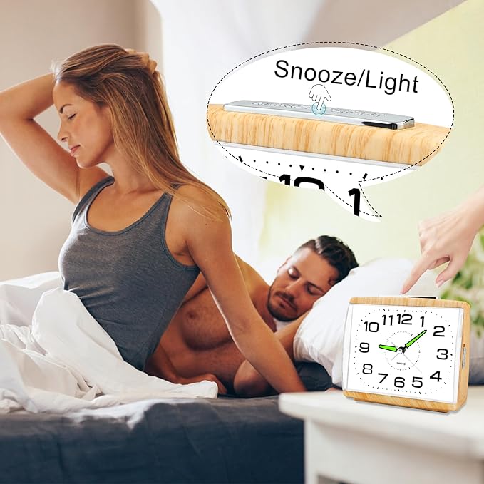 DTKID Large Alarm Clock for Bedside, Silent Non-Ticking Analog Clock with Night Light, Battery Powered, Gradually Increasing Alarm for Heavy Sleepers, Seniors