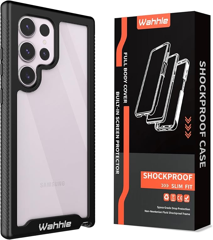 wahhle Compatible with Samsung Galaxy S23 Ultra Case, Built in Screen Protector Full Body Shockproof Slim Fit Bumper Protective Phone Cover for Galaxy S23 Ultra 5G 6.8'' Men Women-Black/Clear